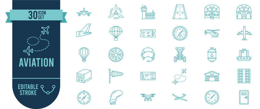 Aviation and Airport Icon Set with 30 Editable Stroke Vector Icons for Flight, Travel and Aircraft
