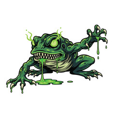 Fototapeta premium A cartoon green frog with an angry expression and slimy green goo dripping from its body displays a menacing attitude in a graphic illustration