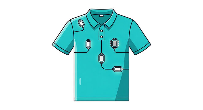 A vector graphic illustration of a teal polo shirt with various smart devices and sensors attached to it, representing wearable technology and health monitoring.