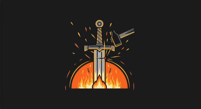 A sword is being forged in a blacksmith's fire with sparks flying