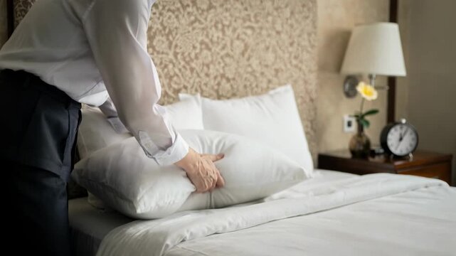 Hotel employee fluffing pillows with detailed focus on the fabric background featuring a softly outoffocus neatly arranged bedside table.