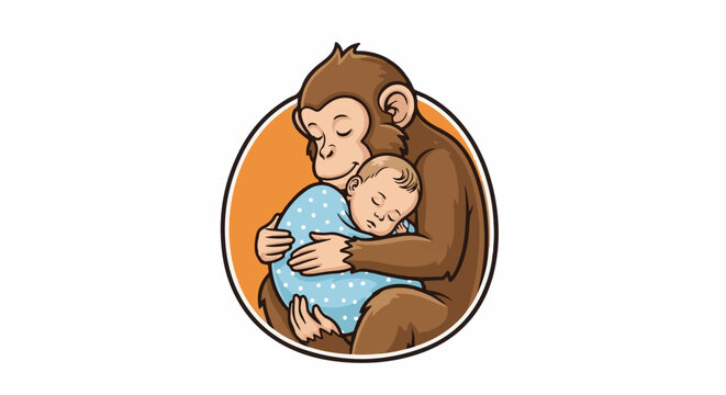 A tender illustration of a monkey embracing a sleeping infant