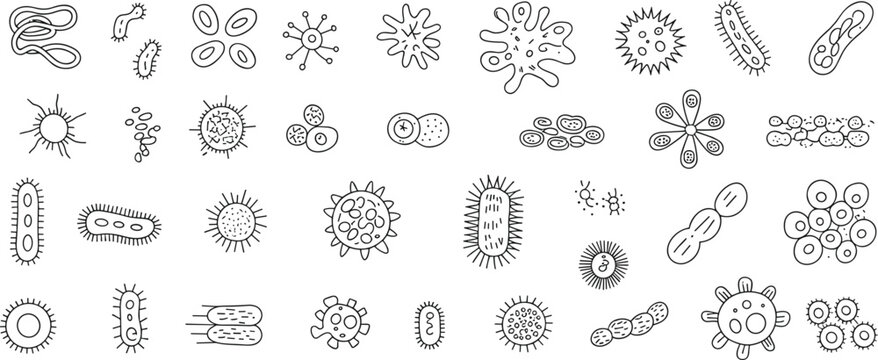 Various black and white of different types of microorganisms and bacteria shapes circles