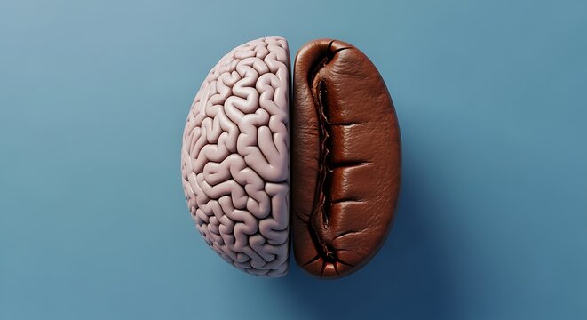 Brain and coffee bean halves combined on blue background representing caffeine and intelligence