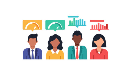Obraz premium Diverse Team Analyzing Performance Data and User Feedback: Business Professionals with Metrics and Trend Indicators