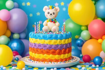 Fototapeta premium Birthday cake with teddy bear and candles on a colorful background