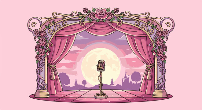 A vintage microphone sits center stage before a grand, rose-adorned proscenium