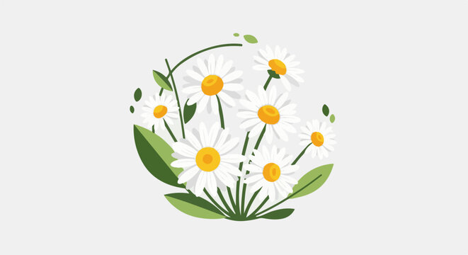 A whimsical illustration of daisies with green leaves and stems