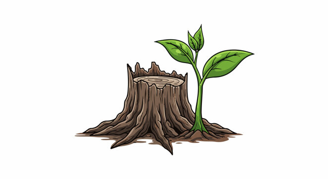 A tree stump sprouts new growth, symbolizing renewal and resilience