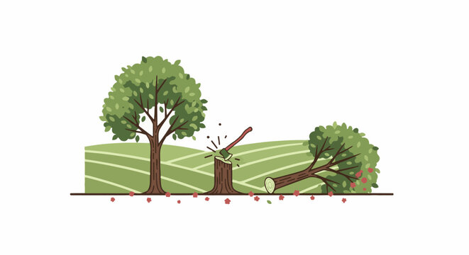 A tree is being chopped down by an axe in a field