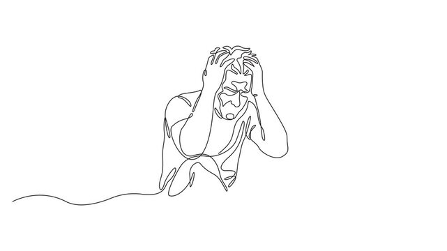 Self drawing animation of single line draw businessman feeling depression, holding head, and sitting on the floor, Full length 4k animated video.