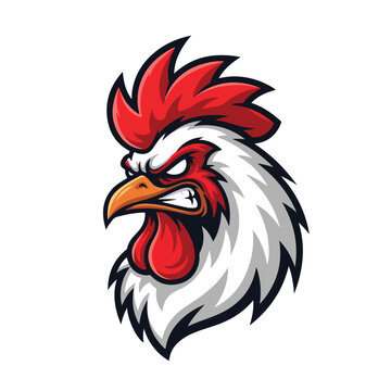 A cartoon angry rooster mascot with a fierce expression and vibrant red, white, and orange colors, designed for esport gaming