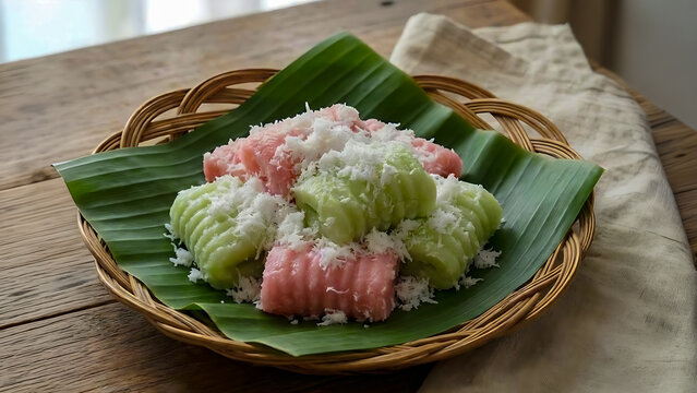High-quality food photography of Gethuk, a traditional cassava snack topped with fresh coconut flakes. Ideal for restaurant menus, catering ads, and modern Southeast Asian culinary branding.