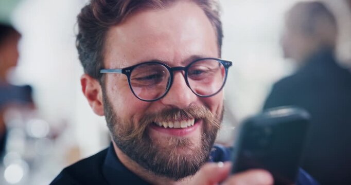 Happy, businessman and chatting with phone in office for social media, network or connectivity. Man, employee or texting with smile, mobile smartphone or app for online communication in workplace