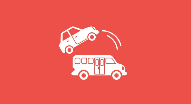 A graphic illustration depicting a car jumping over a bus in a simplistic, modern style
