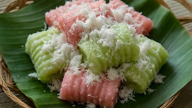 High-quality food photography of Gethuk, a traditional cassava snack topped with fresh coconut flakes. Ideal for restaurant menus, catering ads, and modern Southeast Asian culinary branding.