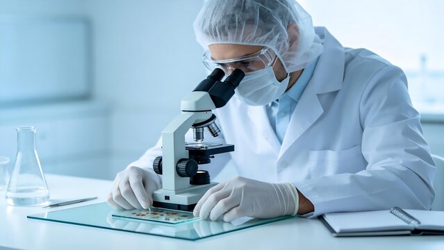 Scientist in lab examining specimen under microscope