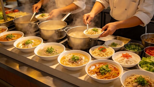 Chefs serving noodle dishes in a kitchen