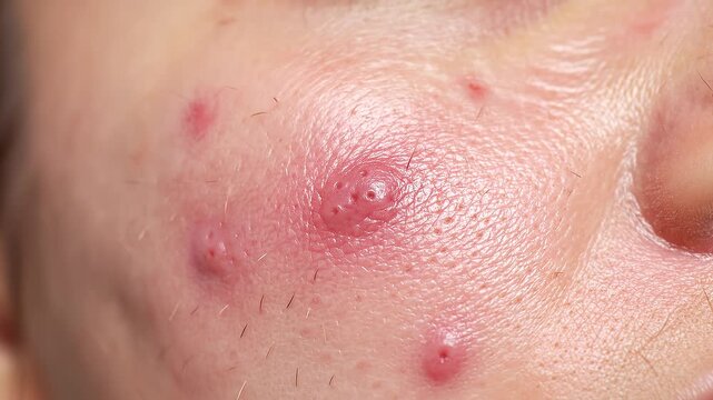 Close-up of inflamed facial skin showing multiple red pimples and pustules, highlighting common dermatological conditions and the discomfort of skin breakouts