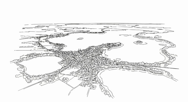 Aerial sketch of a town nestled among lakes and surrounded by trees