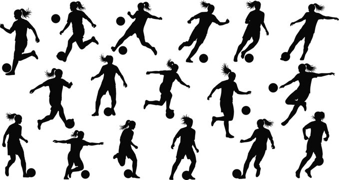 Black silhouette illustration of female soccer player in dynamic poses with ball, symbolizing women&rsquo;s sports, athletic movement, teamwork, and promotional design themes