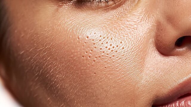 Close-up macro shot of a human cheek showing visible open pores and fine hairs, demonstrating skin texture detail