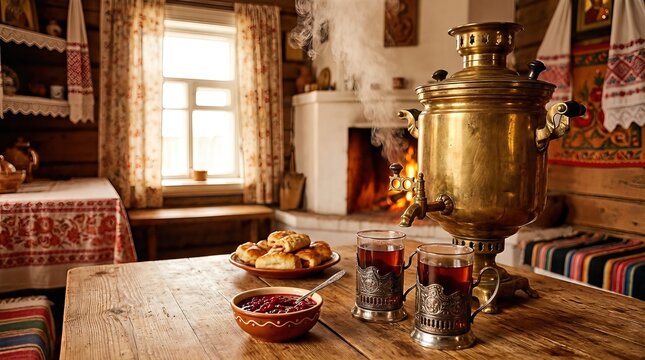 Russian samovar steaming on wooden table with tea in glass holders. Traditional tea ceremony in rustic village cottage with fireplace inside. Hot drink with homemade bakery and berry jam breakfast