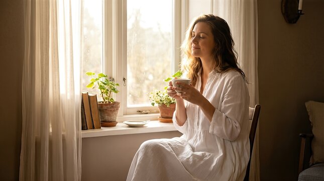 Woman sitting by window drinking tea. Young girl enjoying peaceful morning with hot cup of tea. Relaxed lifestyle concept at home. Sunlight streaming through curtains during quiet cozy break