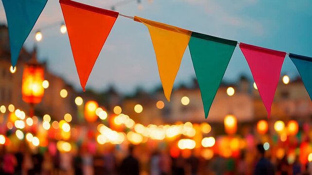 Colorful flags at festive night market