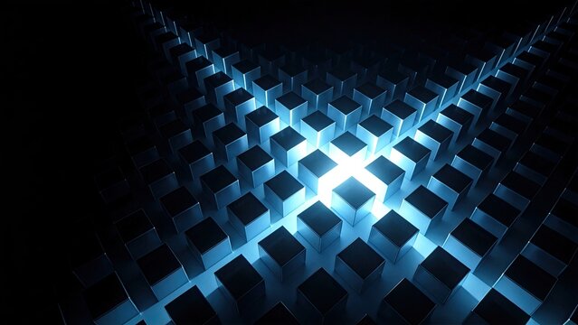 Futuristic 3D blue glowing cross pattern on dark geometric cube background digital technology abstract concept data security blockchain innovation artificial intelligence network s