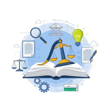Illustrative concept of law, justice and knowledge, with scales of justice, an open book, and a lightbulb representing ideas and legal insights