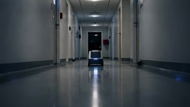 Sleek delivery robot in sharp focus navigates an empty hallway on a late night test run corridor walls and distant doors fading into gentle blur.