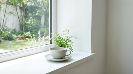 Fototapeta premium Ceramic tea cup on white windowsill with green houseplant. Relaxing atmosphere at home. Morning beverage break by the window reflecting garden view. Concept of peace, comfort, and mindful lifestyle