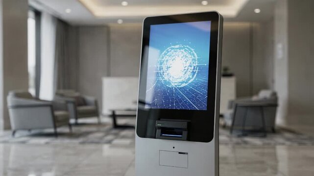 Selfservice kiosk illuminated softly in a quiet latenight lobby digital wayfinding interface in crisp focus with empty seating fading into the background.