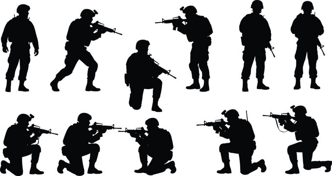 Military soldier silhouettes collection with tactical poses aiming rifles and standing positions, black vector set isolated on white background for defense, security, and design
