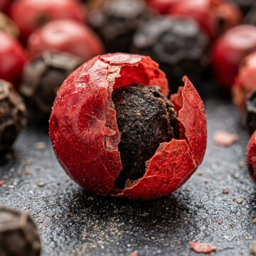 Cracked open allspice berry revealing dark brown seed
