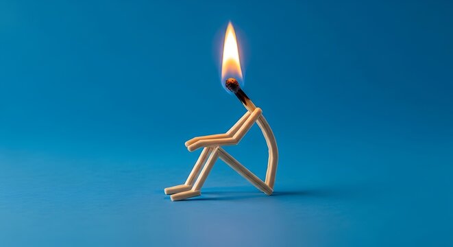 Flickering flame of burnout A matchstick figure in a state of deep mental exhaustion and stress