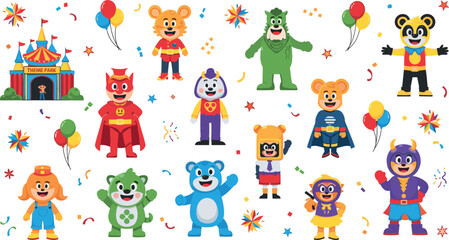 Fototapeta premium Circus and Superhero Bear Character Icon Set with Balloons, Confetti, and Fun Carnival Elements