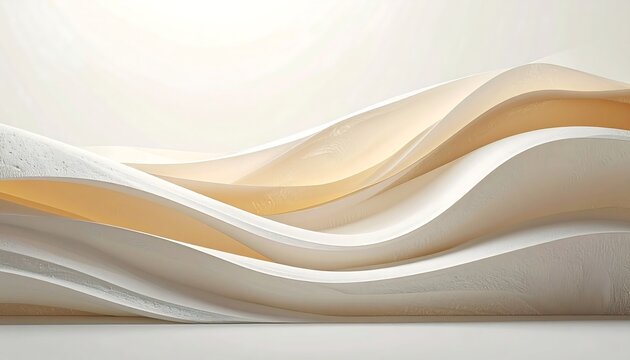 Elegant Abstract Waves Background with Flowing White and Golden Beige Fabric Textures, Creating a Luxurious and Serene Rippled Surface for Modern Design Projects