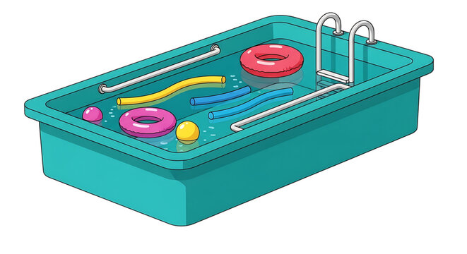 A colorful vector illustration of a bathtub filled with water and various bath toys and accessories.