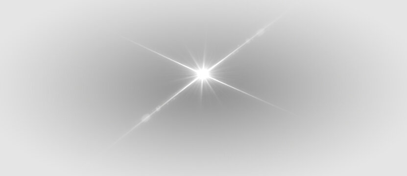 Bright lens flare light burst, glowing star shine with radiant beams and optical streaks, abstract sparkle illumination effect on transparent background