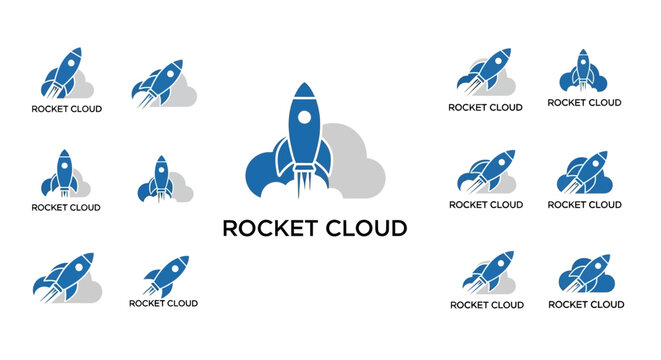 A collection of rocket ship logos in blue, with the words 'Rocket Cloud' underneath them