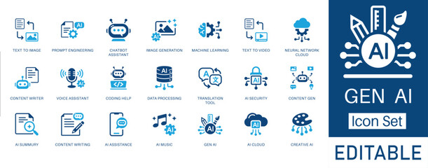 Generative AI and Creative AI solid icon set. Featuring prompt engineering, text to image, text to video, and content generation. Vector icons for tech startups and software projects.