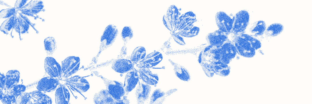 Blue cyanotype apple blossom botanical background. Stipple dot overlay texture with flower and twig silhouette. Delicate indigo blue nature banner for template and graphic design project.