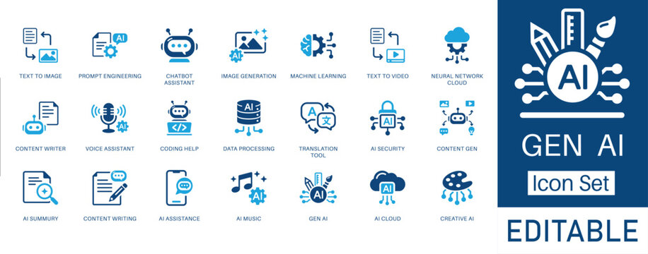 Generative AI and Creative AI solid icon set. Featuring prompt engineering, text to image, text to video, and content generation. Vector icons for tech startups and software projects.