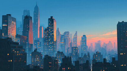 Fototapeta premium Stunning Parallax Cityscape Skyline at Dusk with Layered Buildings and Atmospheric Depth