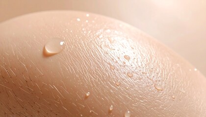 Fototapeta premium Close-up macro shot of human skin with water droplets reflecting light, showcasing texture and moisture