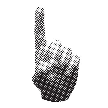 Modern graphic illustration of a hand with index finger pointing up featuring a stylish halftone dot pattern isolated