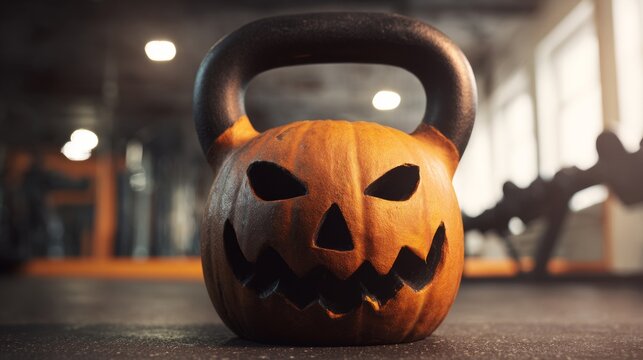 Halloween-themed weight training equipment featuring a jack-o-lantern head on top of an iron barbell. A fun and creative addition to the gym, emphasizing fitness and the festive spirit.