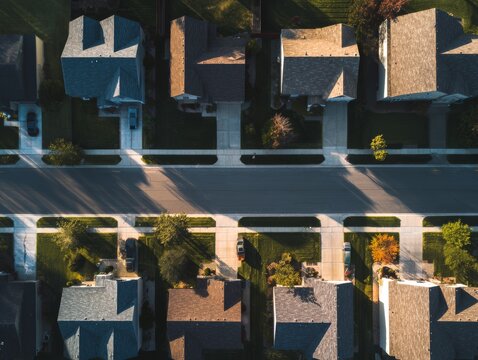 An aerial view of a residential suburban neighborhood with row houses and cul de sacs.
